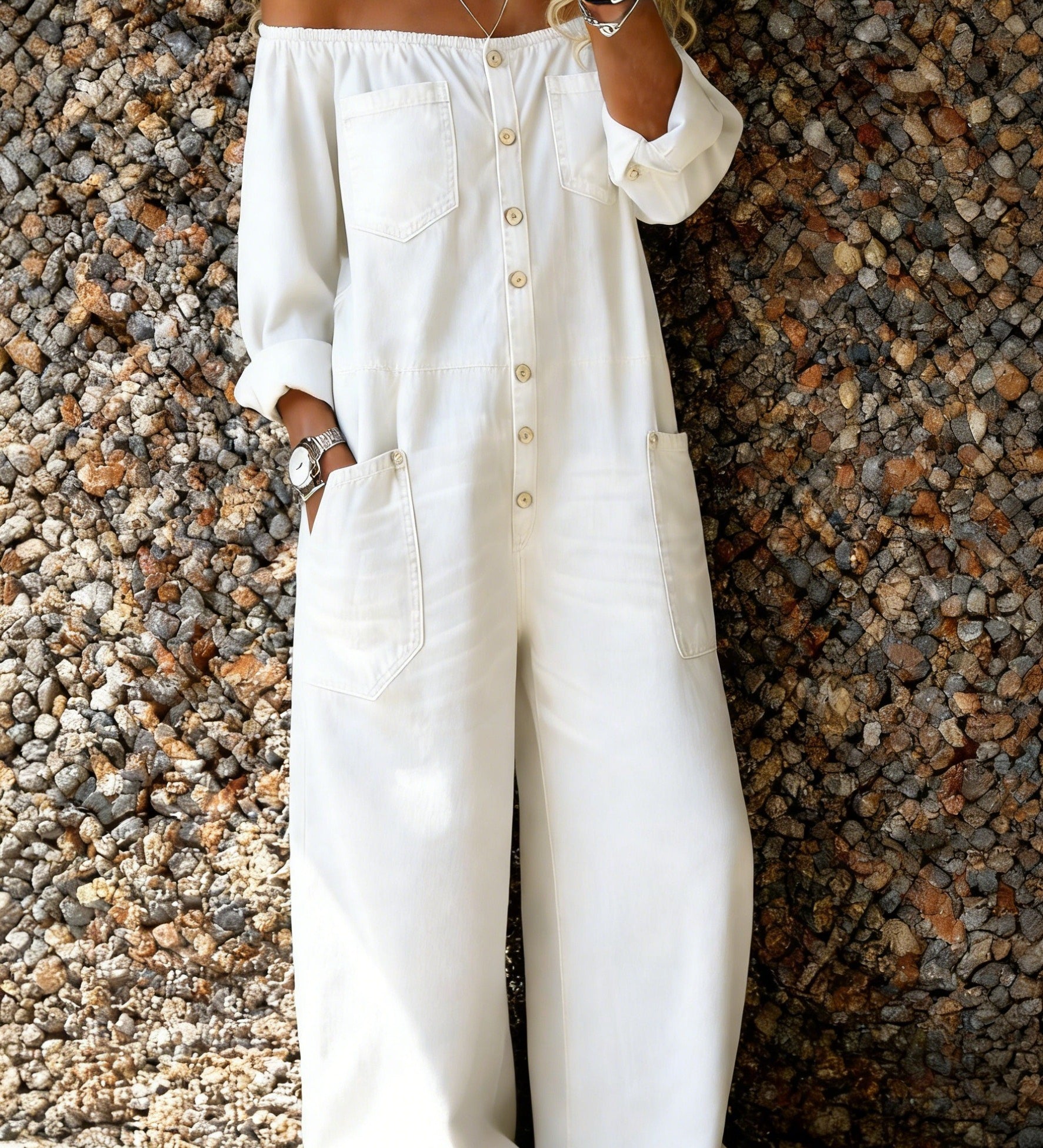 Noa | Denim Jumpsuit met Off-Shoulder Halslijn