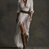 Aurora | Lange Linnen Jurk met Omgekeerde Kraag