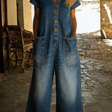 Denise | Denim Jumpsuit met V-hals en Korte Mouwen