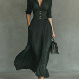 Elvira | Lange geplooide jurk met revers en hoge taille