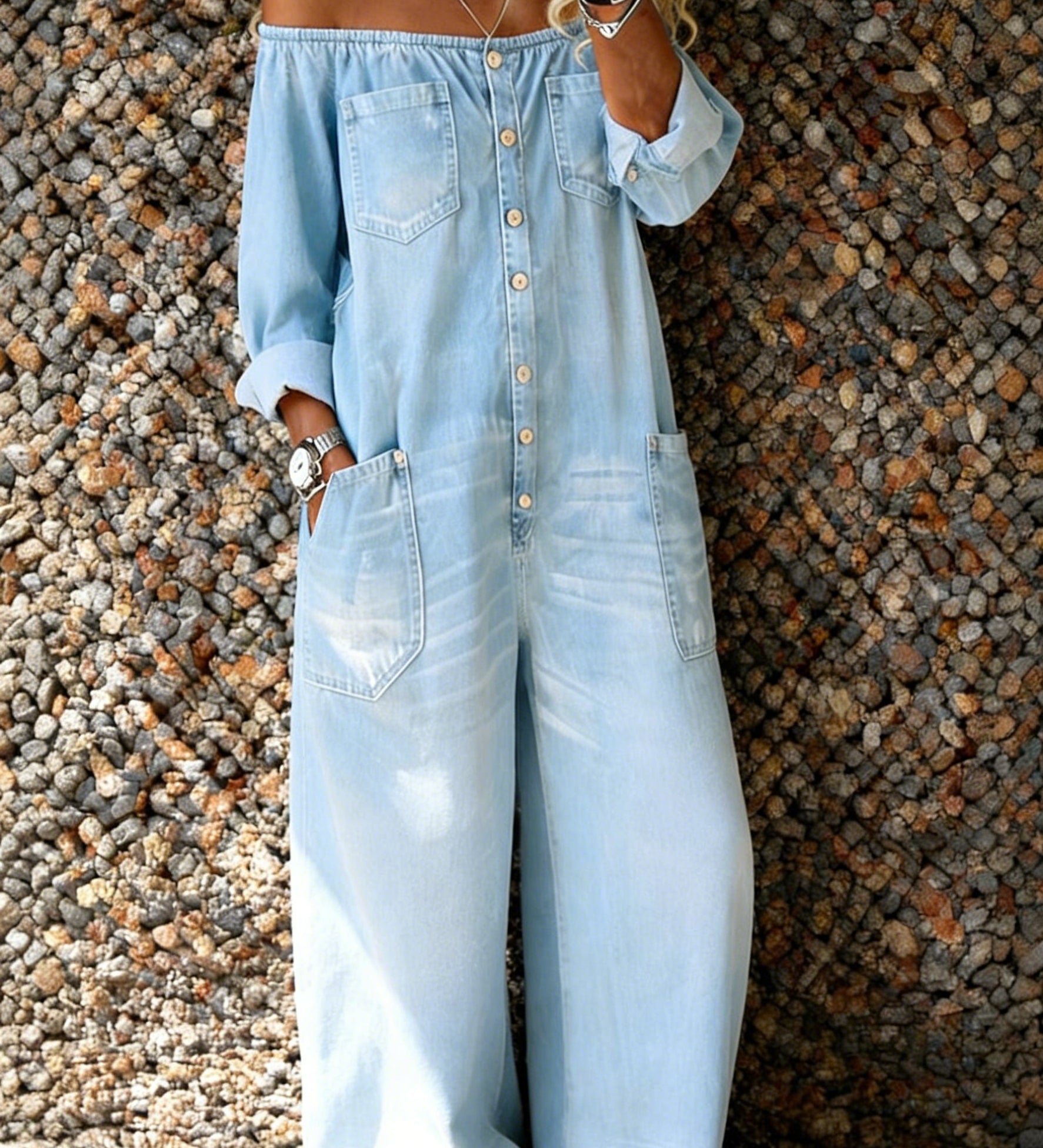 Noa | Denim Jumpsuit met Off-Shoulder Halslijn