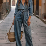 Nadia | Denim Jumpsuit met Taillekoord en Lange Mouwen