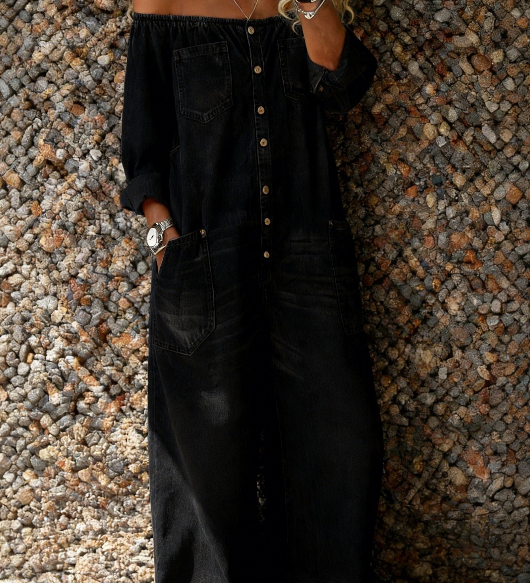 Noa | Denim Jumpsuit met Off-Shoulder Halslijn