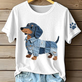 Ciela - Dames patchwork kunstjeans T-shirt met dachshundpatroon