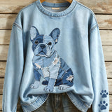 Nina - Dames sweatshirt met denim patchwork in Franse bulldog stijl