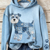 Lola - Denim hoodie voor dames Patchwork Art Schnauzer met hondenmotief