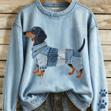 Sol - Dames sweatshirt met denim patchwork en teckelmotief